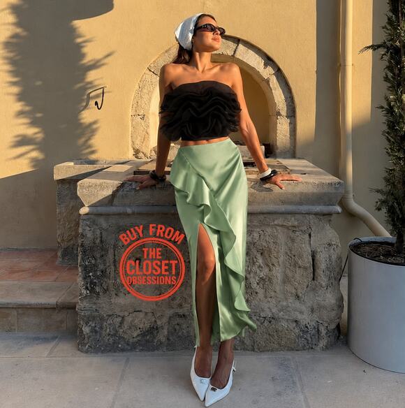 Zara Dresses & Skirts - Zara NWT Mint Green Satin Ruffle Front Slit High Waist Midi Skirt M